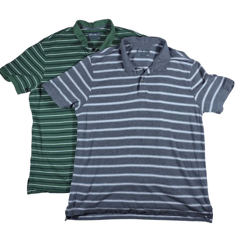 Lot of 2 Eddie Bauer Men's 2XL Polo Shirts Striped Green Grey Short Sleeve